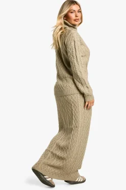 Knitted Co-Ords|Bottoms*boohoo Cable Roll Neck Jumper And Maxi Skirt Knitted Co-ord beige