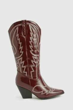 Cowboy Boots|All Boots*boohoo Calf Detail Embroidered Western Cowboy Boots cherry