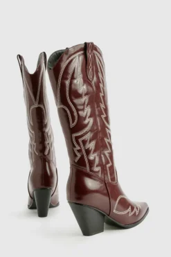 Cowboy Boots|All Boots*boohoo Calf Detail Embroidered Western Cowboy Boots cherry