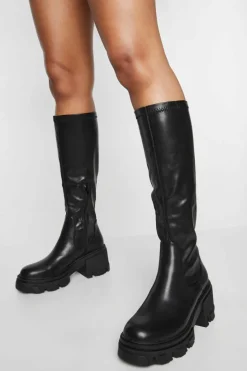 Calf High Boots|Over The Knee Boots*boohoo Calf High Chunky Heeled Boots black