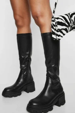 Calf High Boots|Over The Knee Boots*boohoo Calf High Chunky Heeled Boots black
