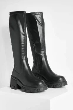 Calf High Boots|Over The Knee Boots*boohoo Calf High Chunky Heeled Boots black