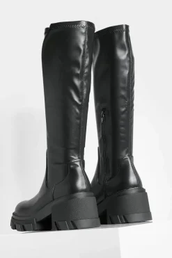 Calf High Boots|Over The Knee Boots*boohoo Calf High Chunky Heeled Boots black