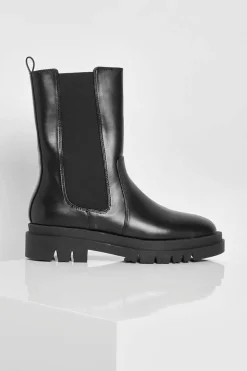 Calf High Boots|Chunky Boots*boohoo Calf High Chunky Sole Chelsea Boots black