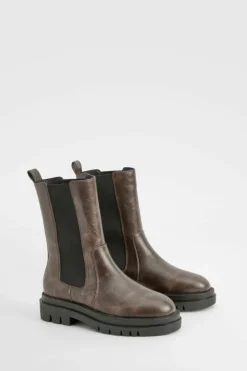 Calf High Boots|Chunky Boots*boohoo Calf High Chunky Sole Chelsea Boots brown