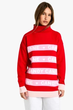 Up To 80% Off Winter Warmers|Jumpers*boohoo Candy Cane Roll Neck Christmas Jumper red