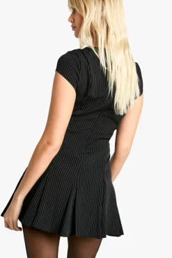 Skater Dresses|Mini Dresses*boohoo Cap Sleeve Pinstripe Box Pleat Mini Dress black