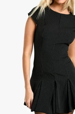 Skater Dresses|Mini Dresses*boohoo Cap Sleeve Pinstripe Box Pleat Mini Dress black