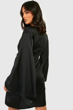 Wrap Dresses*boohoo Cape Sleeve Satin Wrap Dress black