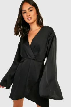 Wrap Dresses*boohoo Cape Sleeve Satin Wrap Dress black