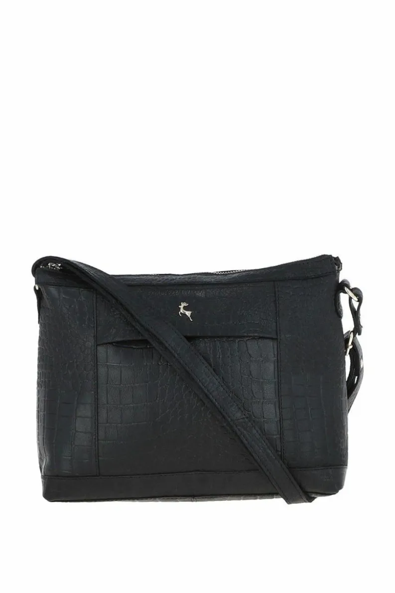 Shoulder Bags*Ashwood Leather Carlotta' Croc Print Real Leather Shoulder Bag Black