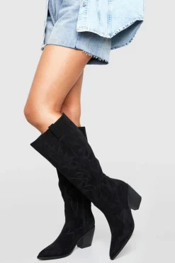 Knee High Boots|Cowboy Boots*boohoo Casual Faux Suede Knee High Western Cowboy Boots black