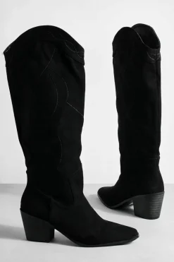 Knee High Boots|Cowboy Boots*boohoo Casual Faux Suede Knee High Western Cowboy Boots black