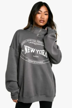 Sweatshirts|Hoodies & Sweatshirts*boohoo New York Slogan Oversized Half Zip Sweatshirt charcoal