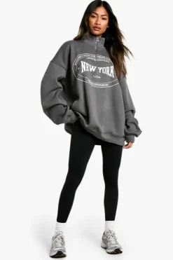 Sweatshirts|Hoodies & Sweatshirts*boohoo New York Slogan Oversized Half Zip Sweatshirt charcoal