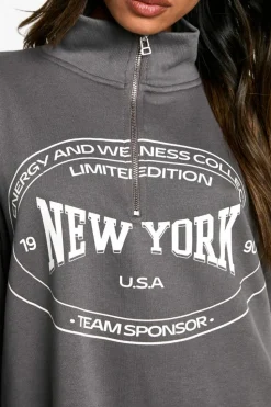 Sweatshirts|Hoodies & Sweatshirts*boohoo New York Slogan Oversized Half Zip Sweatshirt charcoal