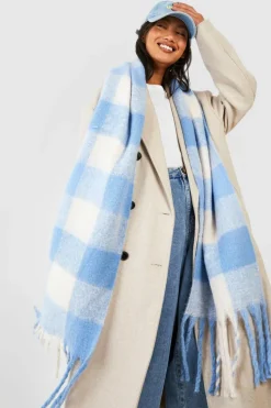 Hats & Gloves|Hats & Gloves*boohoo Check Chunky Knit Scarf light blue