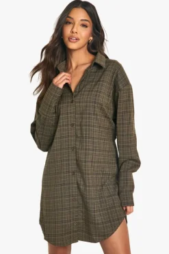 Shirt Dresses*boohoo Check Cinched Waist Shirt Dress brown