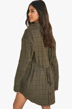Shirt Dresses*boohoo Check Cinched Waist Shirt Dress brown