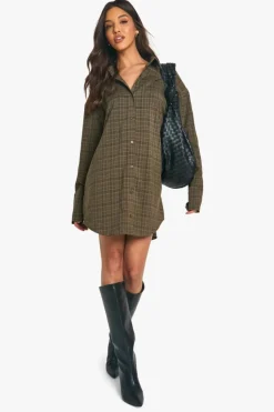 Shirt Dresses*boohoo Check Cinched Waist Shirt Dress brown