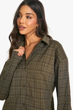 Shirt Dresses*boohoo Check Cinched Waist Shirt Dress brown