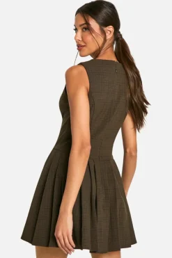 Skater Dresses*boohoo Check Pleated Tailored Dress chocolate