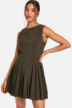 Skater Dresses*boohoo Check Pleated Tailored Dress chocolate