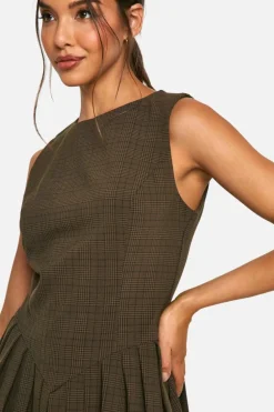 Skater Dresses*boohoo Check Pleated Tailored Dress chocolate