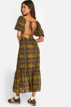 Smock Dresses*boohoo Check Puff Sleeve Maxi Dress green