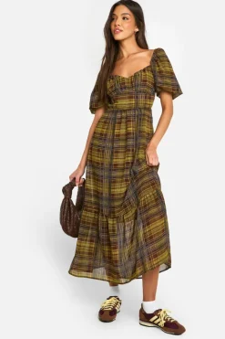 Smock Dresses*boohoo Check Puff Sleeve Maxi Dress green