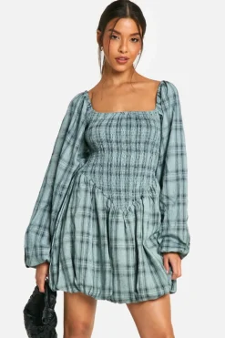Smock Dresses*boohoo Check Shirred Long Sleeve Puff Sleeve Mini Dress blue