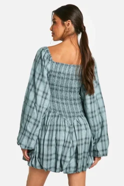 Smock Dresses*boohoo Check Shirred Long Sleeve Puff Sleeve Mini Dress blue