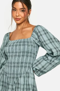 Smock Dresses*boohoo Check Shirred Long Sleeve Puff Sleeve Mini Dress blue