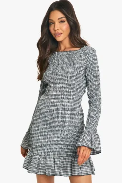 Bodycon Dresses|Mini Dresses*boohoo Check Shirred Long Sleeve Mini Dress black