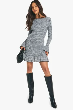 Bodycon Dresses|Mini Dresses*boohoo Check Shirred Long Sleeve Mini Dress black