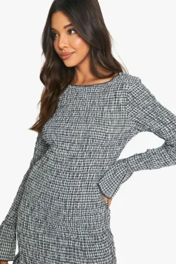 Bodycon Dresses|Mini Dresses*boohoo Check Shirred Long Sleeve Mini Dress black