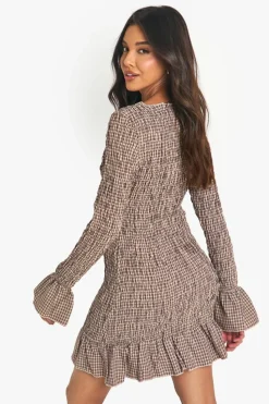 Bodycon Dresses*boohoo Check Shirred Long Sleeve Mini Dress brown