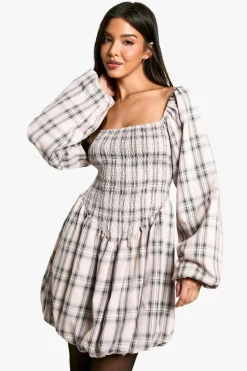 Smock Dresses*boohoo Check Shirred Long Sleeve Puff Sleeve Mini Dress pink