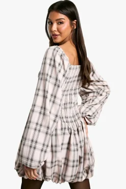 Smock Dresses*boohoo Check Shirred Long Sleeve Puff Sleeve Mini Dress pink