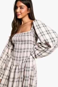Smock Dresses*boohoo Check Shirred Long Sleeve Puff Sleeve Mini Dress pink