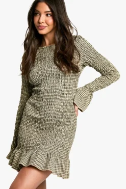Bodycon Dresses|Mini Dresses*boohoo Check Shirred Long Sleeve Mini Dress khaki