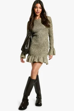 Bodycon Dresses|Mini Dresses*boohoo Check Shirred Long Sleeve Mini Dress khaki