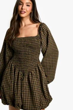 Smock Dresses|Mini Dresses*boohoo Check Shirred Long Sleeve Puff Sleeve Mini Dress brown