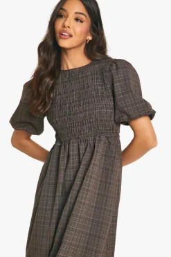 Smock Dresses*boohoo Check Shirred Puff Sleeve Midaxi Dress brown