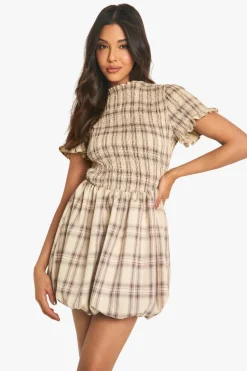 Smock Dresses*boohoo Check Shirred Short Sleeve Puff Sleeve Mini Dress brown