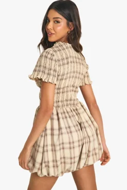 Smock Dresses*boohoo Check Shirred Short Sleeve Puff Sleeve Mini Dress brown