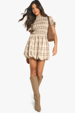 Smock Dresses*boohoo Check Shirred Short Sleeve Puff Sleeve Mini Dress brown