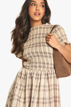 Smock Dresses*boohoo Check Shirred Short Sleeve Puff Sleeve Mini Dress brown