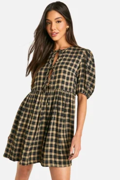 Smock Dresses*boohoo Check Tie Front Smock Dress brown