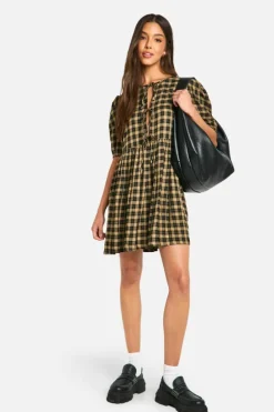 Smock Dresses*boohoo Check Tie Front Smock Dress brown